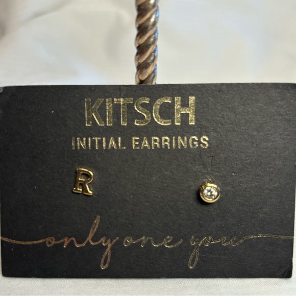 Kitsch Jewelry - Earrings one with initial R the other one is a rhinestone. Gold toned.